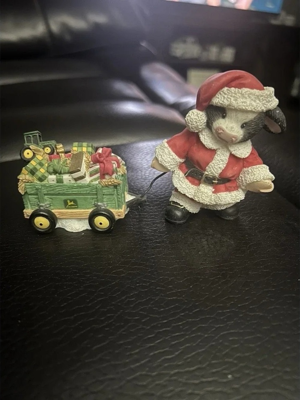 Holiday Pig Figurine in Red Santa Outfit Pulling Green Gift Wagon